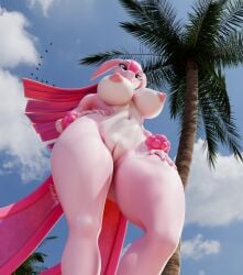 absurd_res actuallysine animal_humanoid anthro areola avian beach big_areola big_breasts big_nipples bird blender_(artwork) blender_cycles blurred_background breasts cloud digital_media_(artwork) female fingers flowing_hair genitals hair hand_on_hip hand_on_leg hand_on_thigh hi_res hot_pink hot_pink_hair humanoid lizard looking_at_viewer looking_down looking_down_at_viewer lovander lovander_(mayosplash) mammal mammal_humanoid nipples nude nude_anthro nude_female outside pal_(species) palm_tree palworld pink_body pink_hair plant plump_labia pocketpair purple_eyes pussy reptile scalie sky smile solo standing tail thick_thighs tree vulva wide_hips