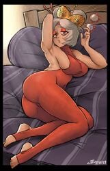 absurdres arm_up armpits ass bodysuit breasts eyeshadow female female_focus full_body glasses grey_hair highres huge_ass large_breasts looking_at_viewer lying makeup medium_hair nintendo on_side purah purah_(tears_of_the_kingdom) red_eyes sideboob solo stirrup_legwear tears_of_the_kingdom the_legend_of_zelda the_legend_of_zelda:_tears_of_the_kingdom toeless_legwear toes updo videajames