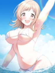 arm_up armpits bare_arms bare_belly bare_shoulders belly_button big_breasts bikini blush breasts brown_eyes brown_hair cleavage groin idolmaster idolmaster_shiny_colors medium_hair micro_bikini musha_no_kozi ocean open_clothes outdoors sakuragi_mano sideboob smile underboob wading water white_bikini