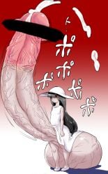 black_hair cum futanari hasshaku-sama hyper_balls hyper_penis intersex small_but_hung veiny_penis white_hat young