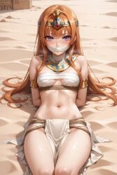2d 2d_(artwork) 2d_artwork ai_art ai_generated arms_behind_back bandage bandaged_chest bandages bandages_around_chest bare_arms bare_legs bare_midriff bare_shoulders bare_thighs belly_button blush blush_lines blushing_at_viewer bondage bracelet captured captured_female captured_girl captured_hero captured_heroine cloth_gag cloth_over_mouth covered_mouth desert desert_background egypt egyptian egyptian_clothing egyptian_female egyptian_headdress egyptian_princess eyelashes gag gagged gagged_female ginger ginger_hair gold_(metal) gold_bracelets gold_jewelry gold_neckwear gold_tiara golden_bracelets golden_neckwear golden_tiara hands_behind_back hourglass_figure hourglass_figured_female inner_sideboob light-skinned_female light_skin loincloth long_hair looking_at_viewer metaverse midriff navel navi neckerchief oracle_(persona) persona persona_5 persona_5_royal princess princess_outfit purple_eyes rope rope_bondage sakura_futaba sega shadow_(persona) shadow_futaba shadow_self_(persona) small_boobs small_breasts snake_tiara thick_thighs tiara tied_hands tied_legs tied_shirt tied_up white_bandages white_loincloth