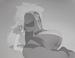 2girls ass blush breasts cartoon_network female female_only huge_ass jasker_(artist) jasper_(steven_universe) long_hair monochrome muscular muscular_female nipples pearl_(steven_universe) pussy_juice short_hair sideboob size_difference steven_universe vagina very_long_hair yuri