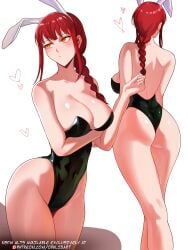 absurdres animal_ear_hairband animal_ears ass bare_shoulders black_leotard blush braid braided_ponytail breasts chainsaw_man commentary covered_navel english_commentary english_text facing_viewer fake_animal_ears female from_behind hairband heart highres large_breasts leotard long_hair makima_(chainsaw_man) multiple_views opalis opalisart paid_reward_available patreon_username playboy_bunny rabbit_ears red_hair ringed_eyes shadow thighs white_background yellow_eyes