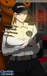 ... 1girls artist_logo artist_name badge baseball_cap belt belt_buckle black_headwear black_pants blonde_hair blurry_background breasts buckle clothing clumsydrawer collared_shirt english_language english_text female five_nights_at_freddy's five_nights_at_freddy's:_security_breach freddy_(fnaf) freddy_fazbear green_eyes grey_belt hat holding holding_tablet_pc huge_breasts indoors large_breasts long_hair long_sleeves looking_down pants police ponytail profanity security_guard self_upload shirt standing_behind tablet tablet_computer tablet_pc text uniform url vanessa_(fnaf) watermark web_address white_shirt