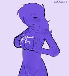 1girls artist_name block_tales blush breasts cum cum_on_breasts female freckles nude_female pressing_breasts_together purple_body purple_hair purple_noob purple_skin roblox roblox_game robloxian sixforfivepound solo_female tagme
