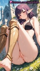 1girls 2025 ai_generated anus ass asshole bangs barefoot black_bra black_panties blush bra breasts castle closed_mouth elf esil_radiru feet female flower foot_fetish hair_over_shoulder hi_res highres juicy_butt knees_up labia long_hair looking_at_viewer natsuyoru outdoors pantsu patreon pointed_ears pointy_ears purple_hair pussy sitting smile solo solo_leveling thighs toes uncensored underwear vagina voluptuous voluptuous_female