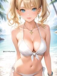 2025 ai_generated beach_background belly blonde_eyebrows blonde_female blonde_girl blonde_hair_female blue_bracelet blue_eyes_female golden_earrings golden_necklace instagram meta not_porn red_cheeks red_lipstick sky_background tummy unknown_artist unknown_character white_bikini