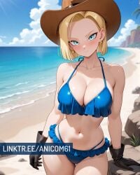 2025 ai_generated android18dx android_18 anicom61 anime beach_background belly black_gloves blonde_eyebrows blonde_female blonde_girl blonde_hair_female blue_bikini blue_eyes_female closed_mouth cowboy_hat crunchyroll dragon_ball dragon_ball_gt dragon_ball_super dragon_ball_z golden_earrings instagram looking_at_viewer manga meta mouth_closed not_porn red_cheeks sky_background toei_animation tummy