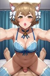 2boys ai_generated animal_ears balls bed blue_legwear blush bow brown_eyes brown_hair cat_ears choker cowgirl_position erection eyebrows_visible_through_hair frills futanari hairbow indoors intersex lips male multiple_boys navel open_mouth otoko_no_ko penis pov straddling striped sweat testicles thick_eyebrows thighhighs underwear white_bow