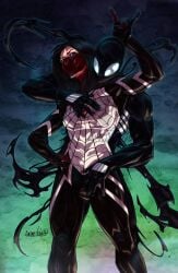 1boy 1girls asian ass big_ass big_breasts black_hair cindy_moon costume emmshin light-skinned_male light_skinned_female long_hair male/female marvel marvel_comics mask masked peter_parker pinned pinned_to_wall silk_(marvel) spider-man spider-man_(black_suit) spider-man_(series) thick_thighs