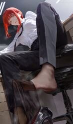 ai_generated black_footwear black_necktie black_pants braid braided_ponytail breasts chair collared_shirt desk feet female foot_focus foot_out_of_frame foreshortening from_below high_heels indoors legs long_hair long_sleeves looking_at_viewer mur_ai_nsfw necktie office_chair office_lady pants pantyhose red_hair ringed_eyes shirt sidelocks sitting smell soles solo steaming_body swivel_chair toes white_shirt yellow_eyes