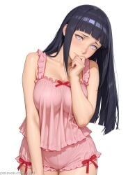 ai ai_art ai_generated bare_arms bare_shoulders black_hair blunt_bangs blunt_ends blush boruto:_naruto_next_generations boruto:_two_blue_vortex breasts cleavage closed_mouth collarbone cowboy_shot female frilled_shorts frills hand_to_own_mouth head_tilt hyuuga_hinata large_breasts long_hair looking_at_viewer naruto naruto:_the_last naruto_(classic) naruto_(series) naruto_shippuden pajamas pink_shorts purple_eyes short_shorts shorts simple_background sleepwear solo straight_hair tagme thigh_gap uzumaki_hinata web_address white_background xxai