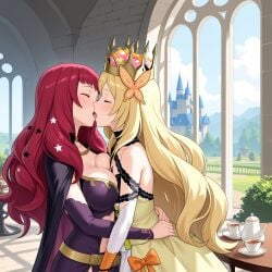 2girls ai_generated bare_shoulders belt black_cape blonde_hair blue_sky blush bow breast_press breasts butterfly_hair_ornament cape castle celine_(fire_emblem) choker cleavage closed_eyes clothing_cutout cloud crown cup day detached_sleeves dress facial_mark female fire_emblem flower french_kiss from_side hair_flower hair_ornament hug indoors kissing large_breasts long_hair multiple_girls open_mouth orange_bow outdoors red_hair saliva saucer sky small_breasts star_(symbol) star_hair_ornament table tea teacup teapot tiered_tray tongue tongue_out very_long_hair yellow_belt yellow_dress yunaka_(fire_emblem) yuri