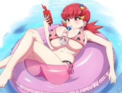 1girls big_breasts bikini bikini_bottom bikini_top bottle bottomwear breasts cleavage cow_print cow_print_bikini drinking drinking_milk emixxcerberus female female_only game_freak hair hair_ornament holding_object holding_phone huge_breasts milk milk_bottle object_between_breasts phone pink_bikini pokemon pokemon_gsc red_eyes red_hair solo solo_female swimwear thighs topwear twin_drills whitney_(pokemon)