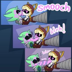 1boy 1girls 2d 2d_(artwork) 2d_artwork arm_around_partner blonde_hair blue_eyes comic digital_drawing_(artwork) digital_media_(artwork) french_kiss french_kissing green_body grey_body grossed_out hunter_(sonichunter81) kiss_mark kissing lips lipstick lipstick_mark lizzy_(murder_drones) long_tongue male_victim mk210 murder_drones panels pink_eyes pink_lips pink_lipstick pink_lipstick_mark pink_tongue purple_tongue robot robot_boy robot_girl saliva saliva_drip selfie tongue tongue_kiss tongue_out victim victim_male wink winking