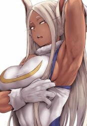 alpha-type animal_ears animated arm_up armpit_focus armpits bare_arms bare_shoulders blinking boku_no_hero_academia breasts breathing dark-skinned_female dark_skin female female_focus fur_collar fur_trim gloves half-closed_eyes heattech_leotard large_breasts leotard leotard_pull live2d long_eyelashes long_hair looking_at_viewer mirko miruko muscular muscular_female open_mouth presenting_armpit pulling_own_clothes rabbit_ears red_eyes rumi_usagiyama sideboob sidelocks sleeveless_turtleneck_leotard solo sweat taut_clothes tight_clothes very_long_hair white_gloves white_hair