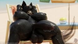 16:9 3d_(artwork) 4k absurd_res acacklinghyena anthro areola balls big_balls big_breasts big_penis black_body black_hair bone breasts canid canine digital_media_(artwork) erection genitals gynomorph hair hi_res huge_balls huge_breasts huge_cock intersex malo mammal nipples nude outside parasol penis sand scp-1471-a scp_foundation skull skull_head solo spread_legs spreading tail thick_thighs wide_hips widescreen