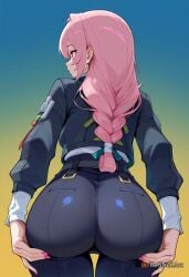 2025 ai_generated ass ass_focus ass_grab ass_support bangs belt black_pants braid braided_ponytail breasts female female female_focus from_behind grabbing_own_ass gradient gradient_background hands_on_own_ass hoyoverse jacket long_hair long_sleeves looking_away mihoyo nail_polish nsfw pants pantylines pink_eyes pink_hair pink_nails rognezart solo thigh_gap tsukishiro_yanagi zenless_zone_zero