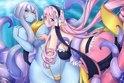 2girls big_breasts bikini blue_eyes blue_skin breasts curvy female female_only hair large_breasts lindaroze long_hair mermaid mermaid_tail meroune_lorelei monster monster_girl monster_musume_no_iru_nichijou multiple_girls oct_(monster_musume) pink_hair pink_tail red_eyes scylla sling_bikini swimsuit yuri