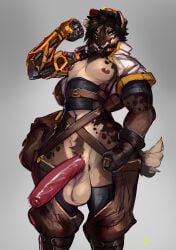 2024 absurd_res anthro bag balls belt biceps big_balls big_penis biped black_clothing black_gloves black_handwear black_inner_ear black_legwear black_nose black_thigh_highs bottomwear brown_body brown_clothing brown_footwear brown_fur brown_hair brown_spots clothed clothing colored countershade_fur countershade_legs countershade_torso countershading crotchless_bottomwear crotchless_clothing crotchless_pants cybernetic_arm cybernetic_limb digital_media_(artwork) digital_painting_(artwork) erection eyelashes facial_markings flexing footwear foreskin front_view fur genitals glistening glistening_genitalia glistening_penis gloves green_eyes grey_background grin hair handwear hat head_markings headgear headwear hi_res humanoid_genitalia humanoid_penis hyena jacket legwear looking_at_viewer male male_anthro mammal markings mechanic monotone_hair multicolored_body multicolored_fur muscular muscular_anthro muscular_male muzzle_(marking) narrowed_eyes nipples open_clothing open_jacket open_topwear painting_(artwork) pants partially_clothed partially_retracted_foreskin penis pink_nipples portrait pose pupils red_penis retracted_foreskin shaded short_hair simple_background skimpy smile solo spots spotted_body spotted_fur spotted_hyena standing tail tan_balls tan_body tan_countershading tan_ears tan_fur tan_tail thick_thighs thigh_highs three-quarter_portrait topwear uncircumcised white_clothing white_jacket white_topwear zerolativity