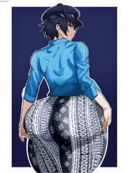 1girls ass big_ass blue_eyes blue_hair bottom_heavy bubble_butt clothing dat_ass fat_ass female female_only flare_pants forbidden_pants hands_on_ass hands_on_own_ass hat huge_ass large_ass looking_at_viewer looking_back persona persona_4 shirogane_naoto shirt solo thick_ass thick_thighs wide_hips z3husky