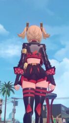 3d ass ass_focus audible_music blonde_hair bouncing_ass burnice_white cropped_jacket female fingerless_gloves from_behind from_below gloves hair_ornament highres huge_ass jacket jiggle long_hair miniskirt screenshot short_shorts shorts shorts_under_skirt skirt solo sound tagme thighhighs twintails video walking zenless_zone_zero