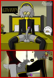 2boys artist_name black_eyes club_penguin comic dialogue dialogue_box dialogue_bubble dialogues disney garter_belt gay_sex gays glasses grey_fur jacket male male_penetrating_male penis precum precum_on_penis puffle puffle_bastille_(puffledreemurr) puffle_dreemurr_(puffledreemurr) puffledreemurr rival rivals stockings tongue tongue_out white_fur