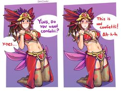 1girls alternate_costume carnival_ying cleavage cum cum_on_breasts cum_on_face elf feet headgear ikkimay paladins speech_bubble stockings text ying_(paladins)