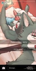 animal_genitalia animal_penis anthro beastars bed bodily_fluids canid canine canine_genitalia canine_penis canis cum cum_on_self cumshot ejaculation electronics english_text erection exsys furniture genital_fluids genitals hi_res knot legoshi_(beastars) looking_at_viewer male mammal masturbation penile penile_masturbation penis phone scar solo text wolf