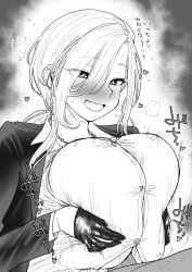 1boy 1girls absurdres alternate_breast_size big_breasts blazer blush breasts collared_shirt female gloves hair_between_eyes half_gloves happy happy_paizuri happy_sex heart highres huge_breasts jacket kaiman_garupan large_breasts long_hair low_ponytail male monochrome motion_lines nijisanji nui_sociere nui_sociere_(9th_costume) oerba_yun_fang open_clothes open_jacket open_mouth paizuri paizuri_lead_by_female paizuri_on_lap paizuri_under_clothes penis ponytail shirt sidelocks skin_fang steaming_body straight sweat virtual_youtuber