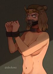 1girls angry angry_face blonde_hair bondage collar deckenz female hands_tied loki_(series) marvel marvel_cinematic_universe mouth_closed mouth_mask nude restrained short_hair solo solo_female sylvie_laufeydottir