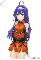 1girls ahoge alternate_version_available arms_behind_back bare_thighs belt breasts covered_nipples elbow_gloves female female_only fingerless_gloves fire_emblem fire_emblem:_path_of_radiance fire_emblem:_radiant_dawn gloves green_eyes headband long_hair medium_breasts mia_(fire_emblem) nintendo pelvic_curtain purple_hair smile solo sterben_dead thighhighs_removed thighs white_background