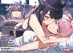 3girls ass bed black_hair blue_hair blush chat chat_box confused female heart_symbol hololive hololive_english hololive_english_-advent- hololive_myth horn hug kissing koseki_bijou livestream long_hair mori_calliope nerissa_ravencroft pink_hair purple_hair question_mark red_eyes sweat virtual_youtuber yuri