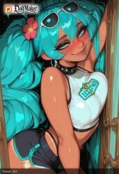 ai_generated aqua_eyes aqua_hair artist_name ass blush breasts dark-skinned_female dark_skin dollmaker dollmaker_(artist) earrings eyewear_on_head female flower goggles goggles_on_head hair_flower hair_ornament hatsune_miku jewelry long_hair lying multicolored_hair patreon_logo patreon_username smile solo sunglasses tagme twintails watermark web_address