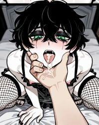 2boys after_fellatio after_oral ai_generated andrew_graves aroused bed black_hair black_nails close-up crossdressing cum cum_in_mouth cum_on_tongue femboy feminine_male fishnet_legwear gay girly_boy goth hand_under_chin holding_face male male/male male_only nightgown pale-skinned_femboy pov reneenjoyer ruined_makeup runny_makeup see-through solo_focus tears the_coffin_of_andy_and_leyley thighhighs toeless_legwear