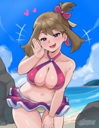 absurdres adapted_costume artsheops bare_shoulders beach bikini blue_eyes blush bow breasts brown_hair cleavage contest_dress eyelashes female hairbow highres idol large_breasts looking_at_viewer may_(contest)_(pokemon) may_(pokemon) midriff navel nintendo open_mouth pink_bikini pink_bow pink_skirt pokemon pokemon_oras purple_bikini skirt smile solo stomach swimsuit
