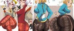 2girls absurdres annoyed_expression ass ass ass_focus bell-bottoms big_ass big_butt black_gloves blonde_female blonde_hair blush breasts closed_eyes elf_ears eyeshadow eyewear_on_head female flare_pants forbidden_pants fully_clothed glasses gloves hair_bun hair_ornament hair_stick hand_on_butt hand_on_hip highres huge_ass huge_butt karbuitt large_breasts looking_at_viewer makeup nintendo open_mouth pants princess_zelda purah purah_(tears_of_the_kingdom) red-framed_eyewear red_eyes red_eyeshadow round_eyewear sheikah short_hair showing_ass sideboob smile tears_of_the_kingdom the_legend_of_zelda the_legend_of_zelda:_breath_of_the_wild the_legend_of_zelda:_tears_of_the_kingdom thick_ass thick_thighs white_hair zelda_(breath_of_the_wild) zelda_(tears_of_the_kingdom)