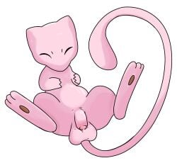 3_fingers 3_toes balls ballsack closed_eyes feral front_view humanoid_genitalia humanoid_penis long_tail male male_only mew mew_(pokemon) paws penis pink_body pink_penis pokemon pokemon_(species) solo solo_female solo_focus white_background