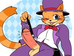 1boy 2025 anthro anthro_only background balls blue_eyes blush bowtie cat_ears cat_tail cock cub dick digital_drawing_(artwork) digital_media_(artwork) domestic_cat elliot_(giggleland) eyebrows feline furry furry_only giggleland hard_cock hat hi_res humanoid laying_back looking_at_viewer male male_cub one_eye_closed orange_fur penis precum purple_clothing purple_hat red_bowtie saku1saya smiling sticking_out_tongue striped_tail suit unbuttoned unbuttoned_shirt unzipped_pants wand whiskers young younger_male