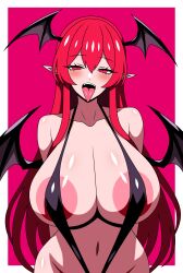 aureola big_breasts female koakuma pointy_ears red_eyes red_hair sling_bikini solo ssaf_seibeupail suggestive_look tongue_out touhou wings wings_on_head