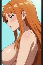 ai_generated artist_request bangs blush breasts brown_eyes female female_only from_side ginger_hair large_breasts long_hair nami_(one_piece) nude one_piece orange_hair parted_lips sideboob sidelocks solo sweat upper_body