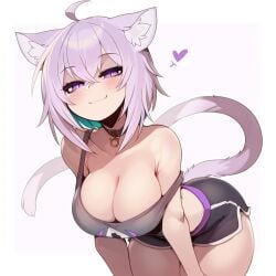 1girls ahoge ai_generated ass black_shirt black_shorts blush cat_ears cat_girl cat_tail cleavage feline female hanging_breasts heart hololive hololive_gamers hololive_japan large_breasts nekomata_okayu pink_hair purple_eyes smile thighs virtual_youtuber