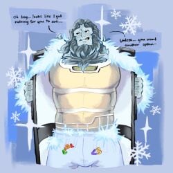 bara blush bushy_eyebrows coat curly_hair date_everything dialogue freddy_yeti fridge hairy hairy_arms hairy_chest hairy_male long_hair looking_back male male_focus male_only monster offering offering_to_viewer smile yeti