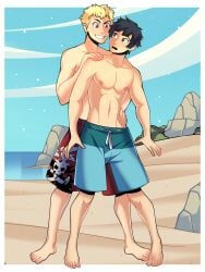 barefoot black_hair blonde_hair feet gay hand_on_shoulder looking_at_partner male/male male_only nipples no_visible_genitalia persona persona_5 ryuji_sakamoto seaside swim_trunks yaoi yuuki_mishima yuunsfw