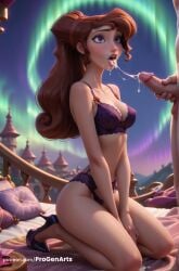 1boy 1boy1girl 1girls after_fellatio ai_generated aurora bed between_legs bra breasts brown_hair cleavage clothed_female_nude_male condom condom_wrapper cum cum_in_mouth cum_on_body cum_on_tongue cum_string disney disney_princess facial female greek_mythology hand_between_legs hercules_(disney) hi_res high_heels kneeling lingerie long_hair looking_up makeup male medium_breasts megara navel night nude open_mouth panties penis pillow ponytail progenarts purple_bra purple_eyes purple_panties sky solo_focus straight tongue uncensored underwear underwear_only v_arms