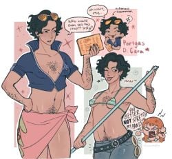 1boy 1girls 2d alternate_costume ambush_(trap) bikini black_eyes black_hair body_hair cahara chest_hair cosplay crossdressing crossover english_text fear_and_hunger female lilcrumbl male male_focus male_with_breasts masculine_crossdresser nami nami_(cosplay) nico_robin nico_robin_(cosplay) no_bra one_piece pubic_hair sarong short_hair smile sunglasses sunglasses_on_head tan_skin tongue_out wink