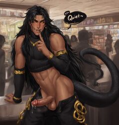 1boy ai_generated bisexual_male black_hair black_nails criminal crowded fangs half-dressed hushing in_public leaning long_hair male muscular muscular_male oc oc:apollo_zmei orange_eyes original_character sharp_nails snake snake_boy snake_humanoid snake_tail solo solo_focus solo_male store tanned_skin text text_bubble