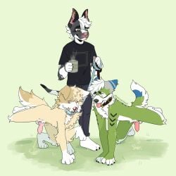absurd_res anthro bodily_fluids bondage canid canine canis clothing cmnm collar domestic_dog genital_fluids genitals group hi_res knot knotted_penis leash male mammal outside penis petplay raised_leg roleplay rroostersauce trio urine watersports zelenyy