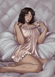alternate_costume brown_hair detailed_background fear_and_hunger fear_and_hunger:_termina female female_only full_body genderswap_(mtf) grey_eyes looking_at_viewer marcoh_(fear_and_hunger) medium_hair muscular muscular_female nightgown on_bed rule_63 scaredandhungr sitting solo tan_skin translucent_clothing wavy_hair