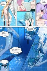 1boy 5girls 5girls1boy air_bubbles big_breasts bikini blonde_hair blue_eyes blue_hair exposed_pussy female licking licking_lips male marima666_(artist) pink_hair pool poolside purple_eyes small_breasts swimming_goggles swimming_pool tongue underwater water